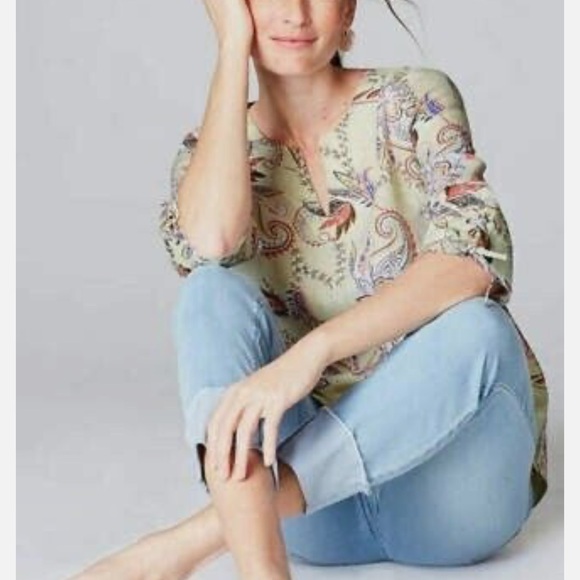 J.Jill Floral Paisley 3/4 Sleeve Tunic Love Linen Tie-Sleeve Blouse Small Petite - Picture 2 of 13